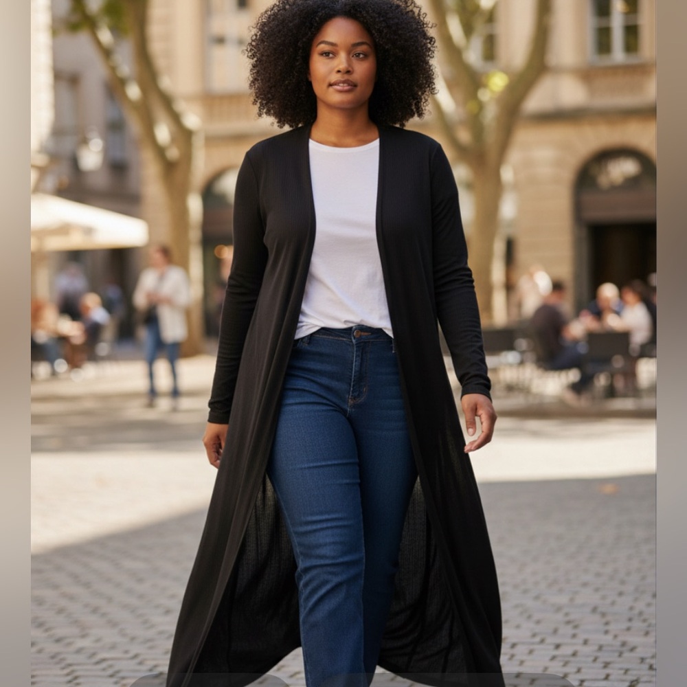 Chic Full-Length Duster Cardigan in Classic Black Plus SZ 4X